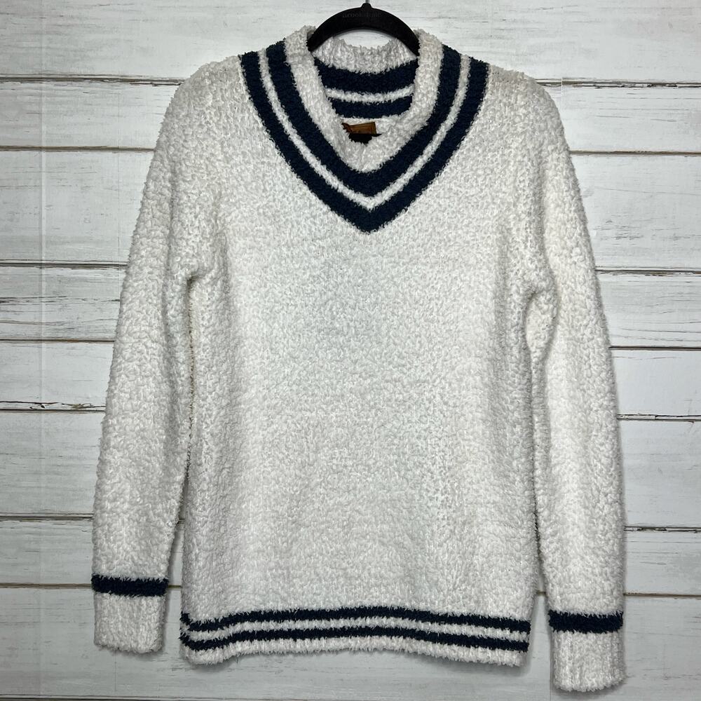 POL Knit V-Neck Sweater White Blue Striped Cozy Pullover Size Small